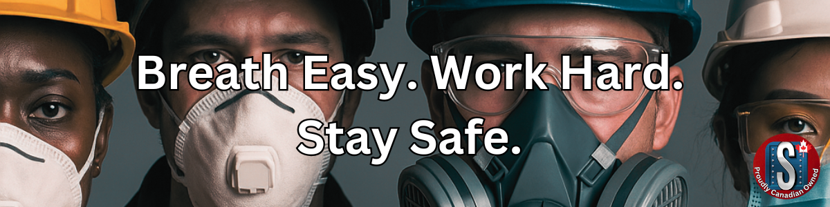 Four workers wearing different types of respirators and safety masks, with the text "Breath Easy. Work Hard. Stay Safe." overlayed across the image, representing Skookum Tools' breathing protection category.
